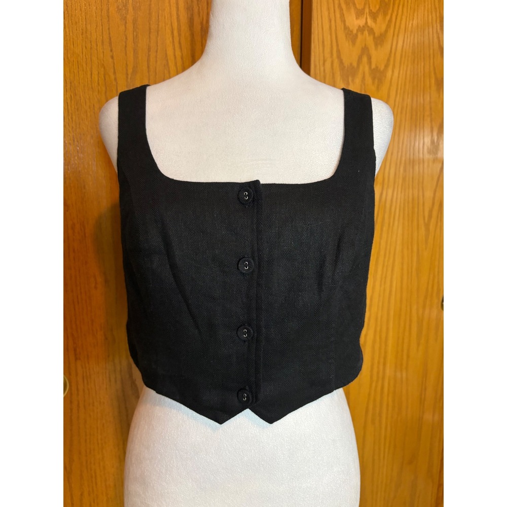BCBGMAXAZRIA Black Linen Blend Herringbone Button Front Crop Top Vest S NEW